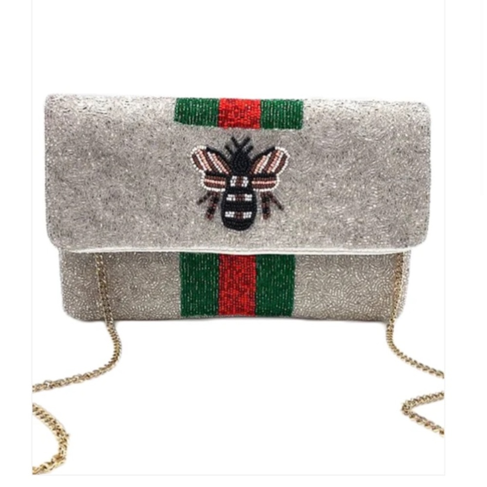 QUEEN BEE Silver Beaded Bee Embellished Clutch